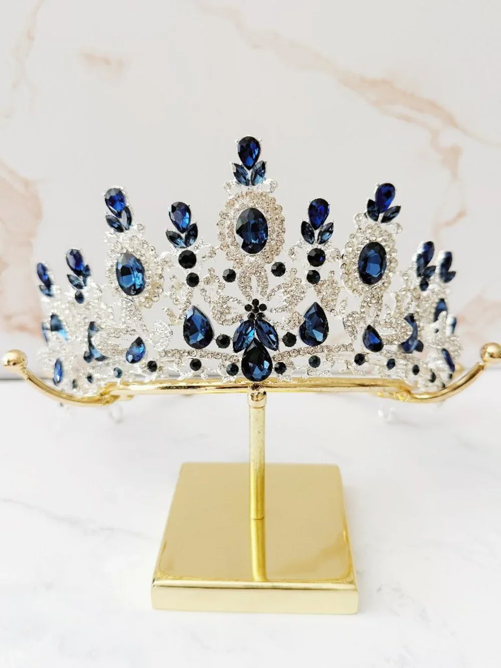 Silver Navy Blue Crystal Butterfly Tiara Crown Wedding Pageant Prom Quinceanera
